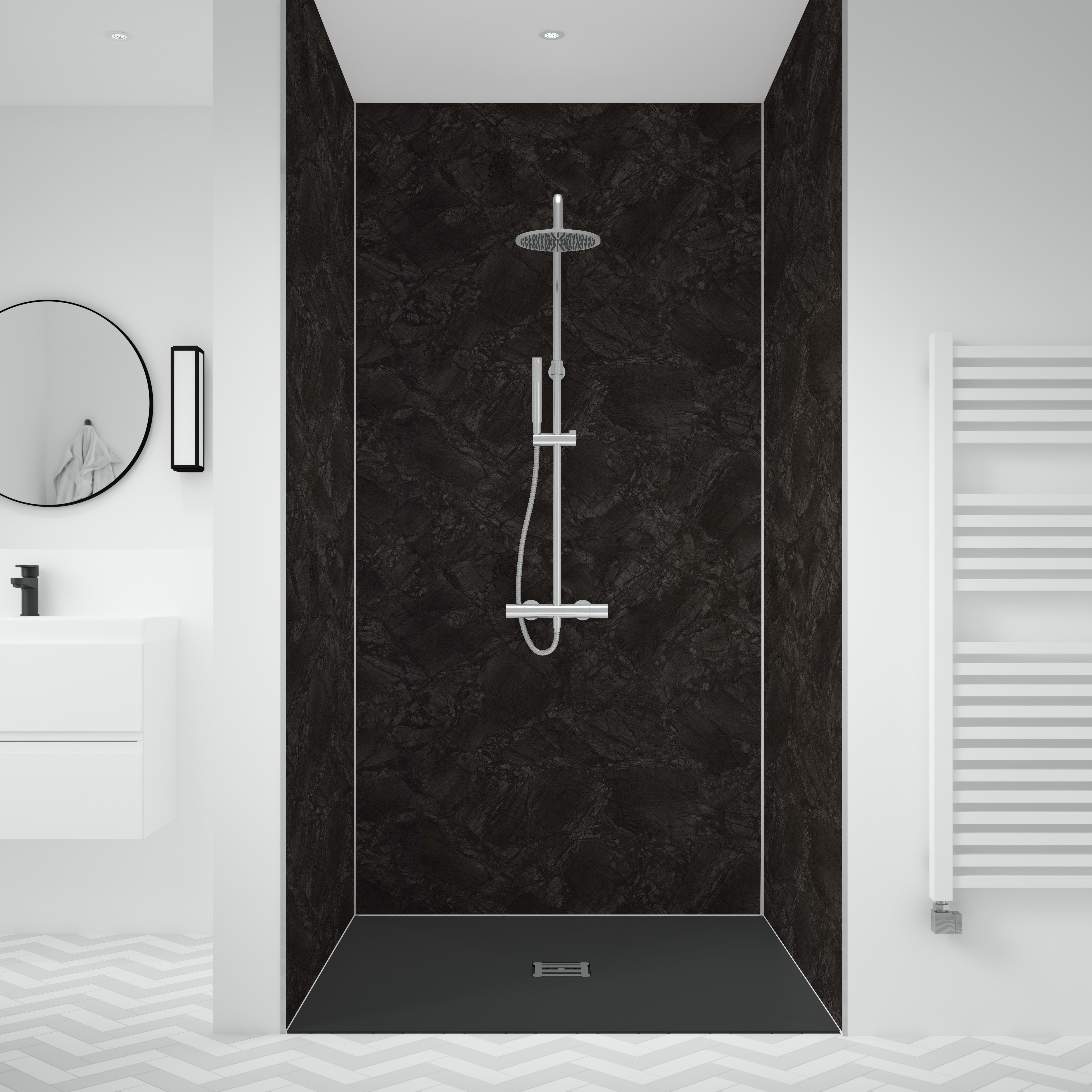 Splashwall Laminate Tongue & groove Bathroom & wet room Decorative panel (H)2420mm (W)600mm - Matt Raja Black Stone effect