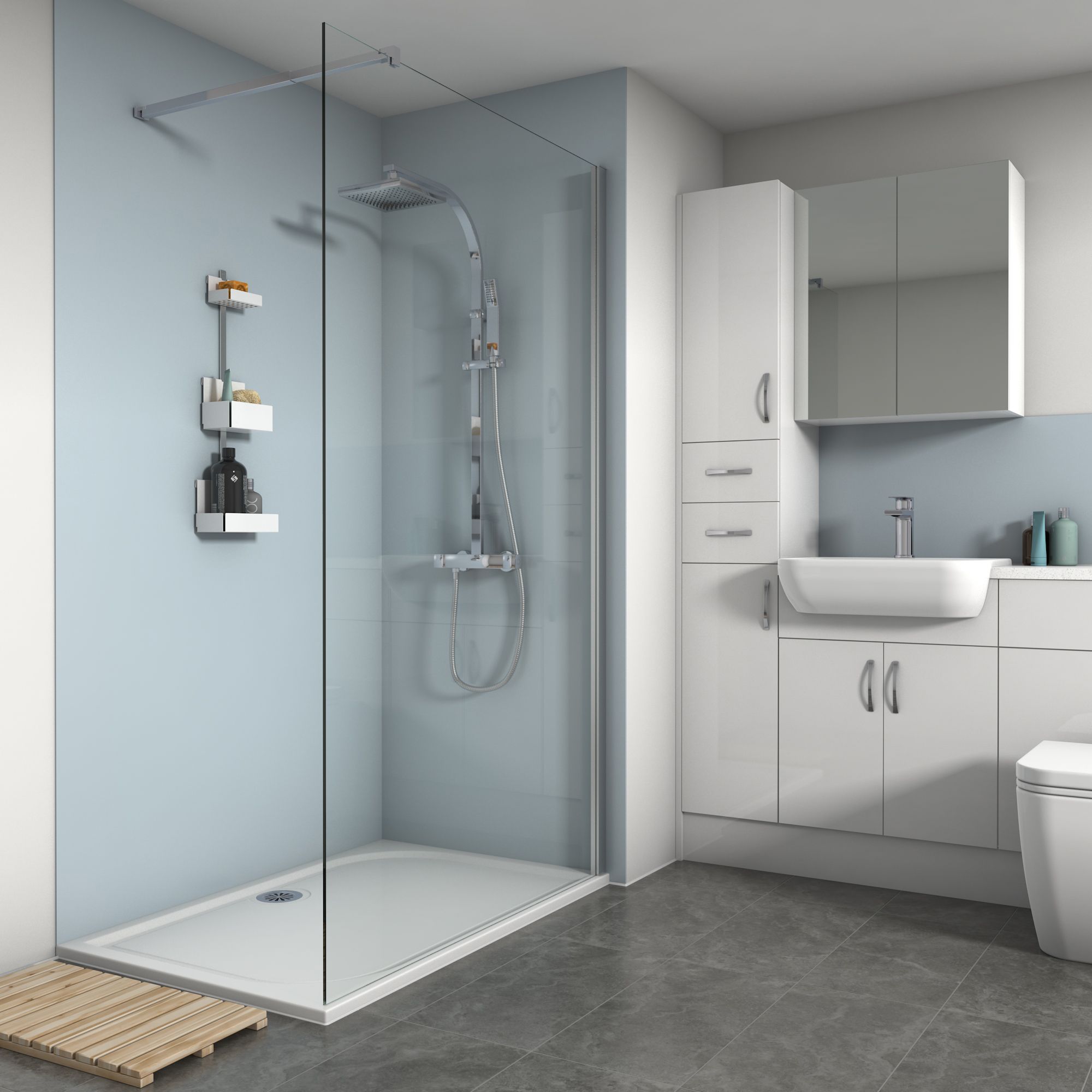 Splashwall Matt Pale Blue Shower Panel (H)2420mm (W)600mm (T)4mm | DIY ...