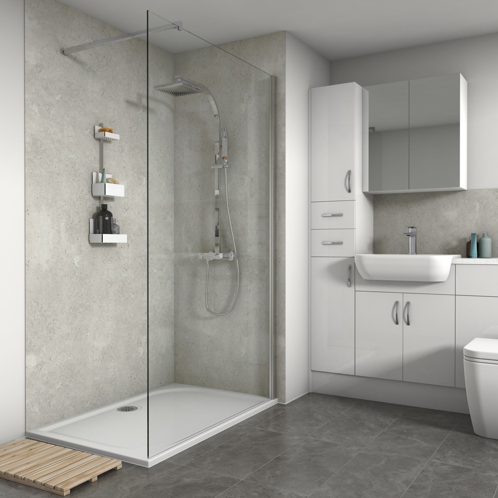 Splashwall Matt White Concrete Shower Panel (H)2420mm (W)600mm (T)11mm ...