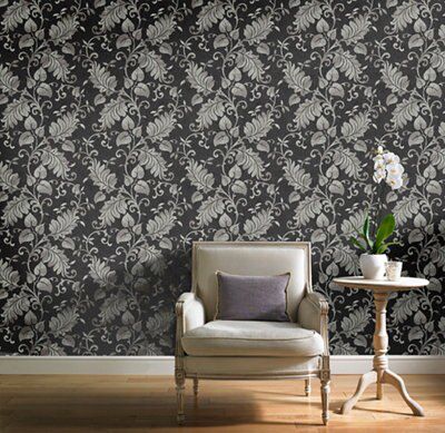 Splendour Black Floral Mica effect Wallpaper