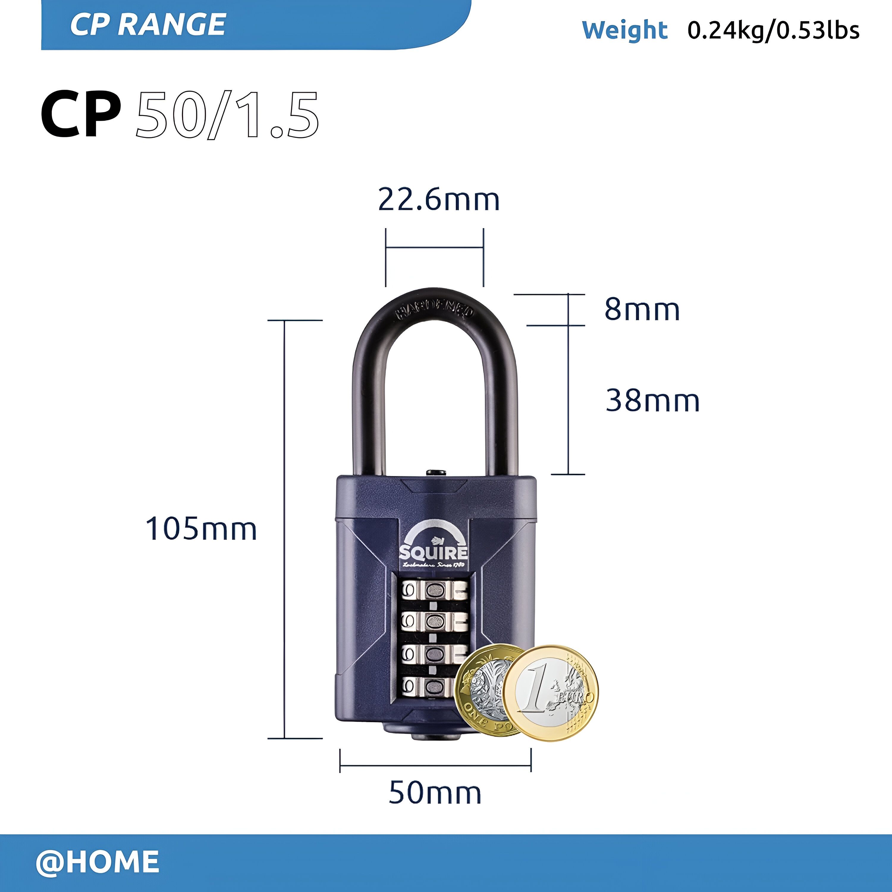 Squire Blue Steel Combination Padlock (H)106mm (W)48mm