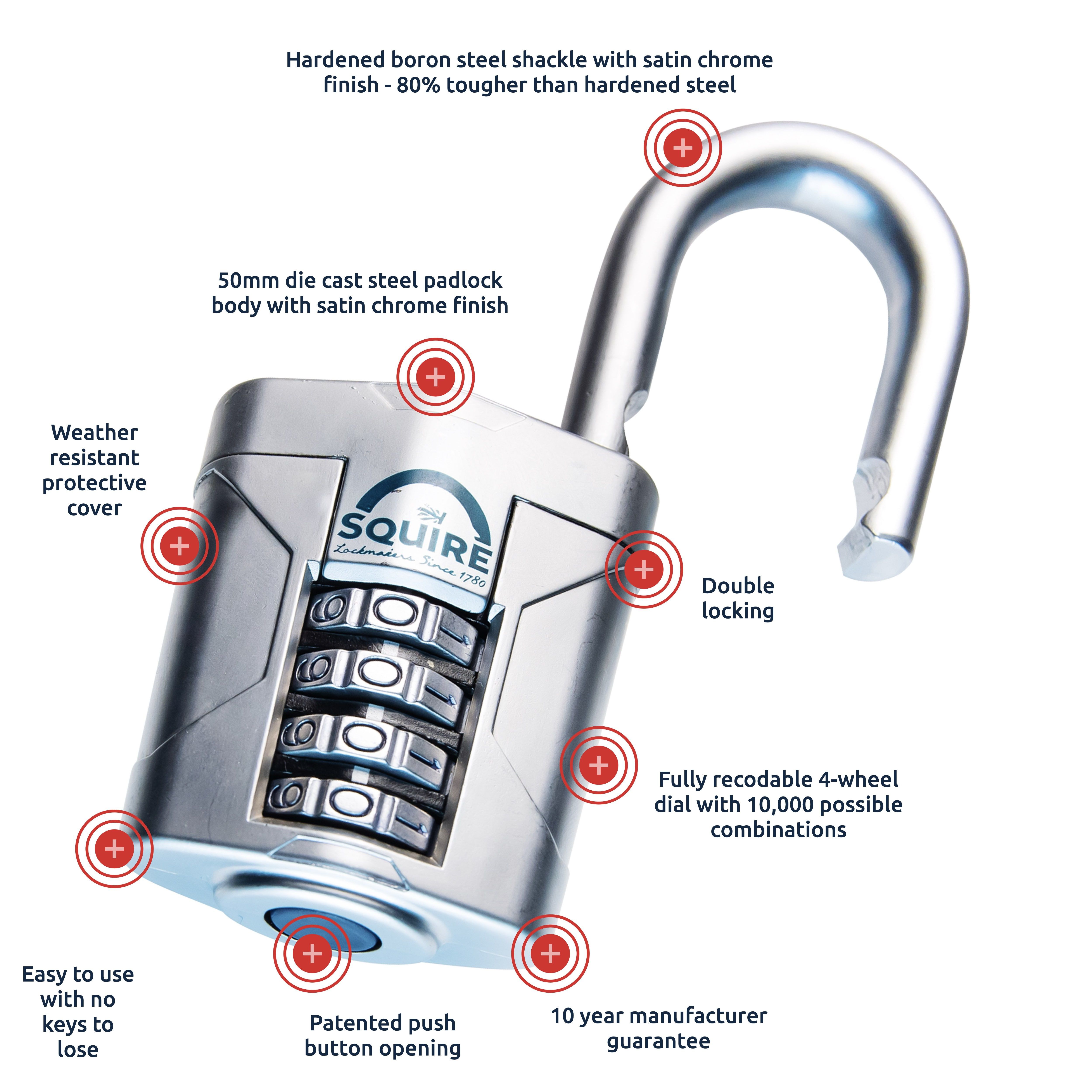 Squire VULCAN COMBI 50 Silver Boron steel Combination Padlock (H)93mm (W)50mm