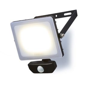 Stanley Black / Frosted Opal Mains-powered Cool daylight LED PIR Slimline floodlight 2700lm