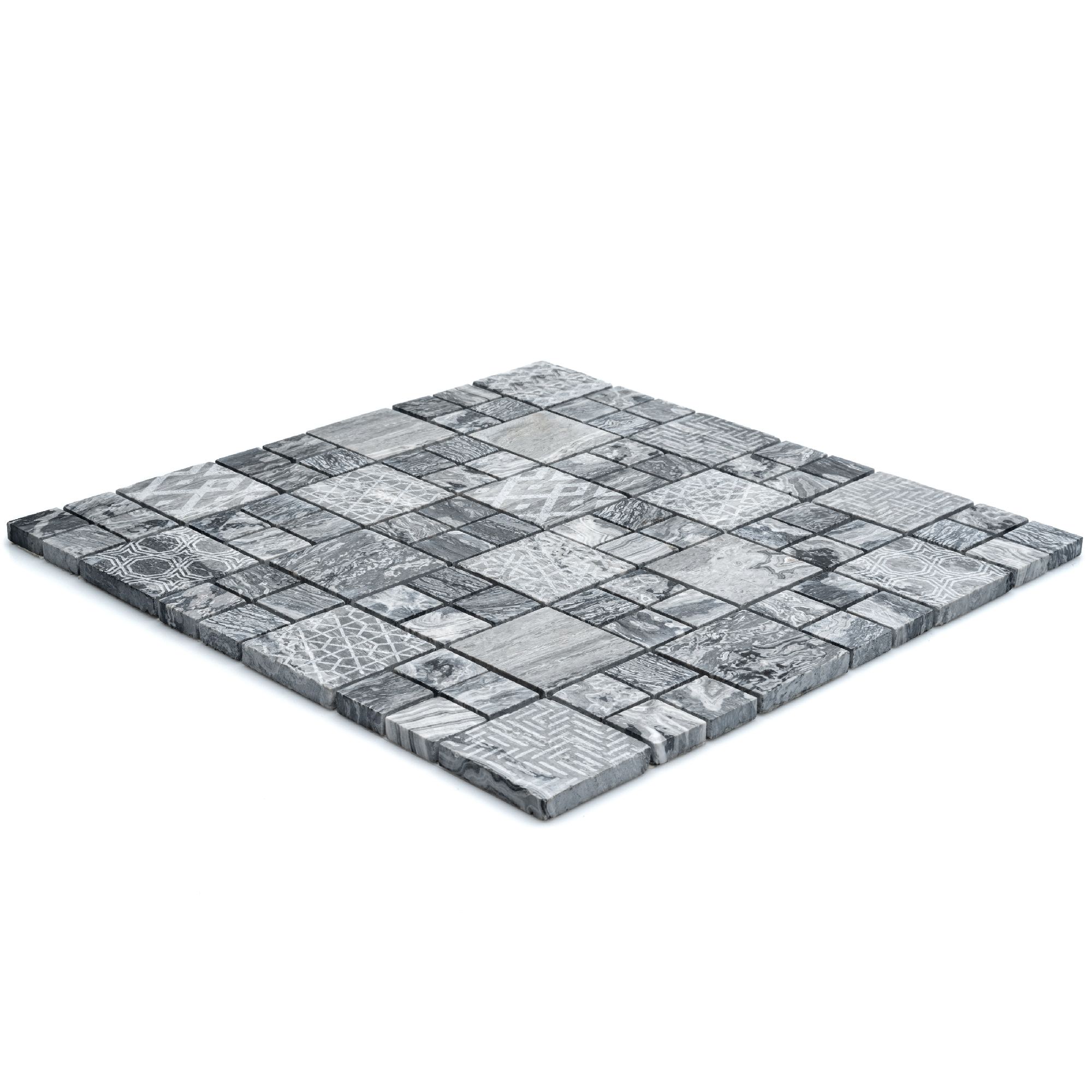 Stone etch Grey Gloss & matt Moroccan geometric Marble 3x3 Mosaic tile - 3