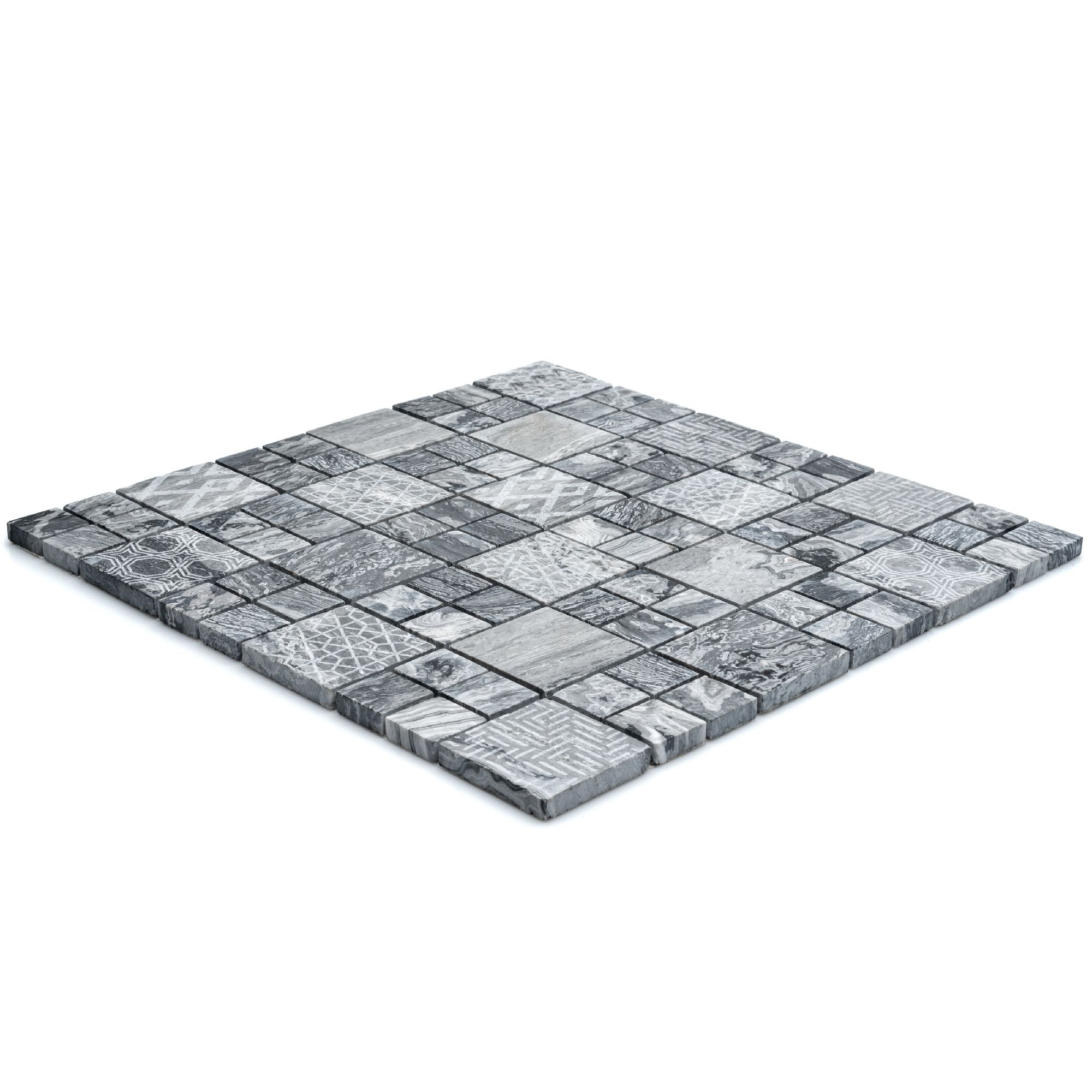 Stone etch Grey Gloss & matt Moroccan geometric Marble 3x3 Mosaic tile, (L)300mm (W)300mm