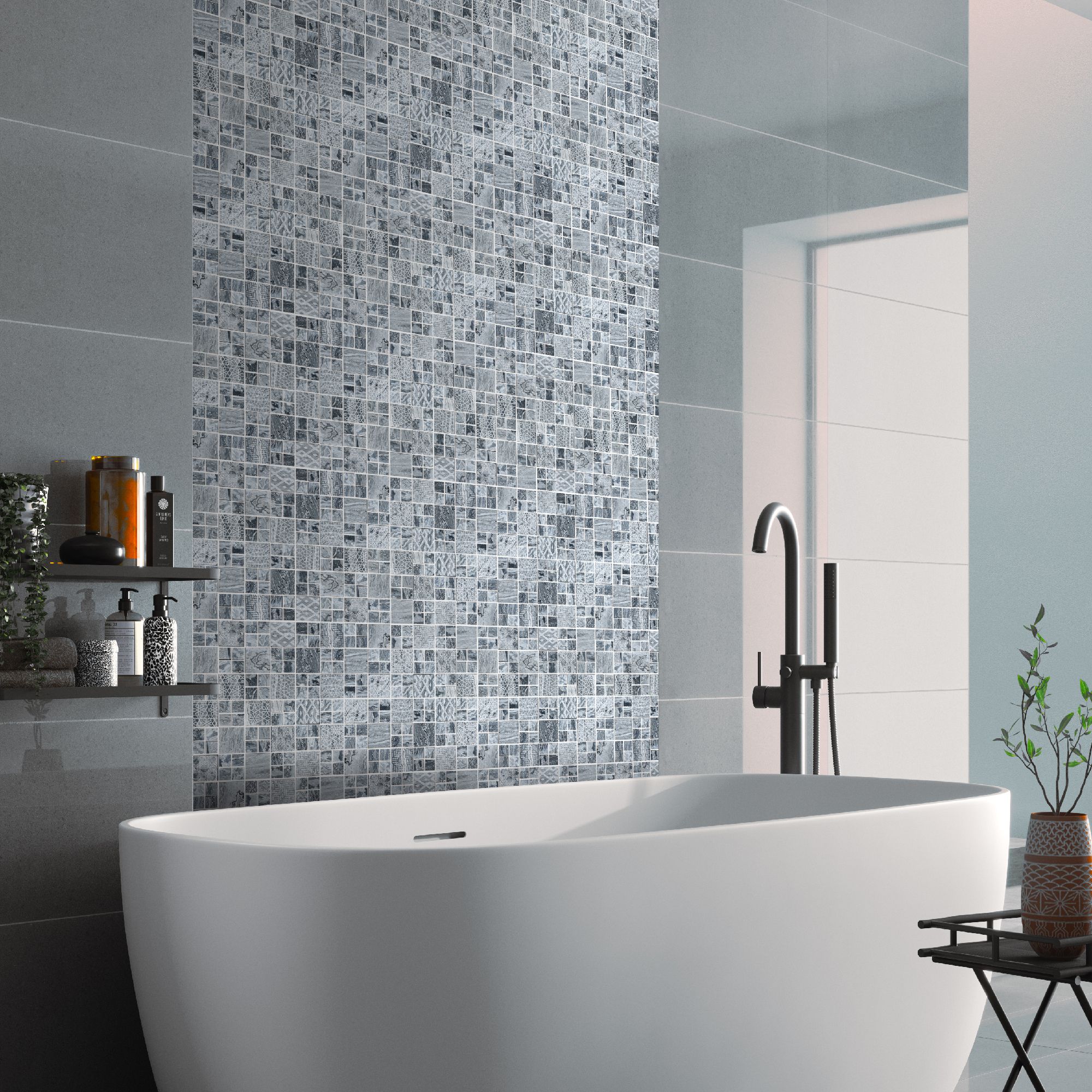 Stone etch Grey Gloss & matt Moroccan geometric Marble 3x3 Mosaic tile