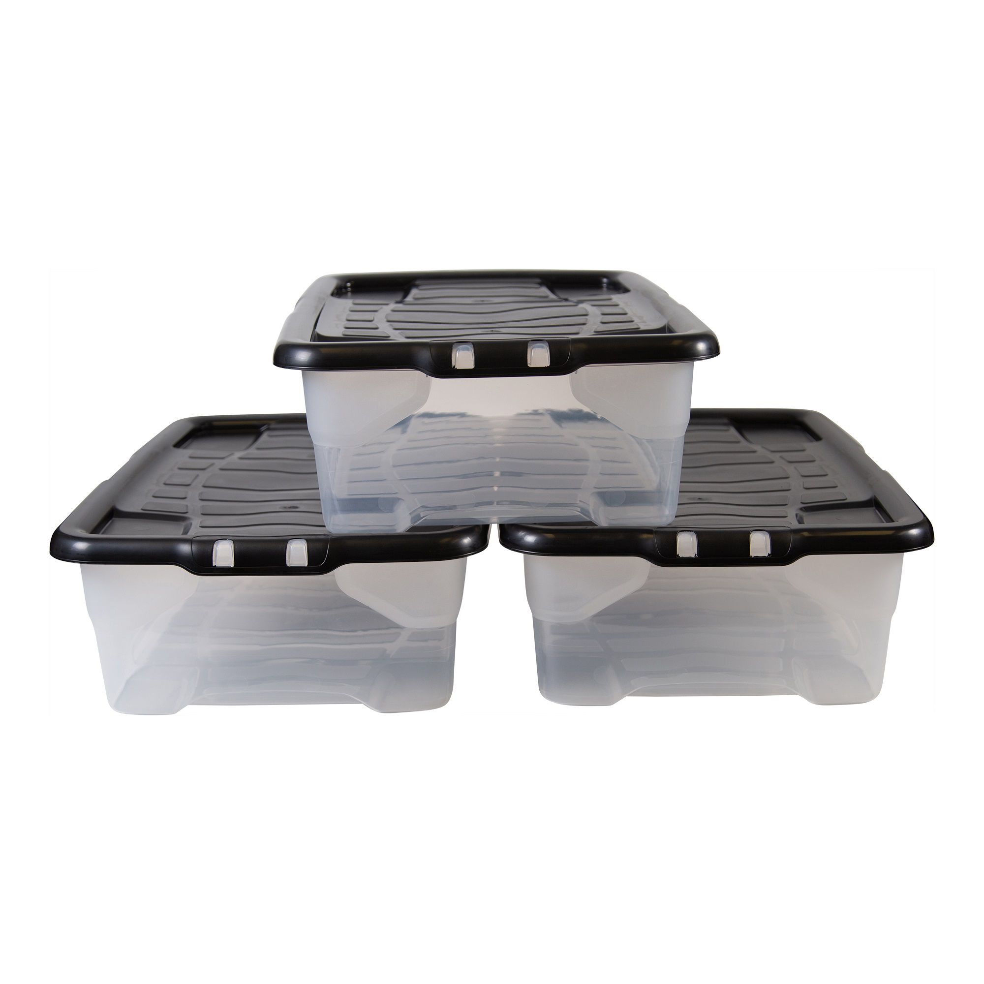 Strata Curve Clear & Black 30L Small Plastic Stackable Storage box with Lid, Pack of 3