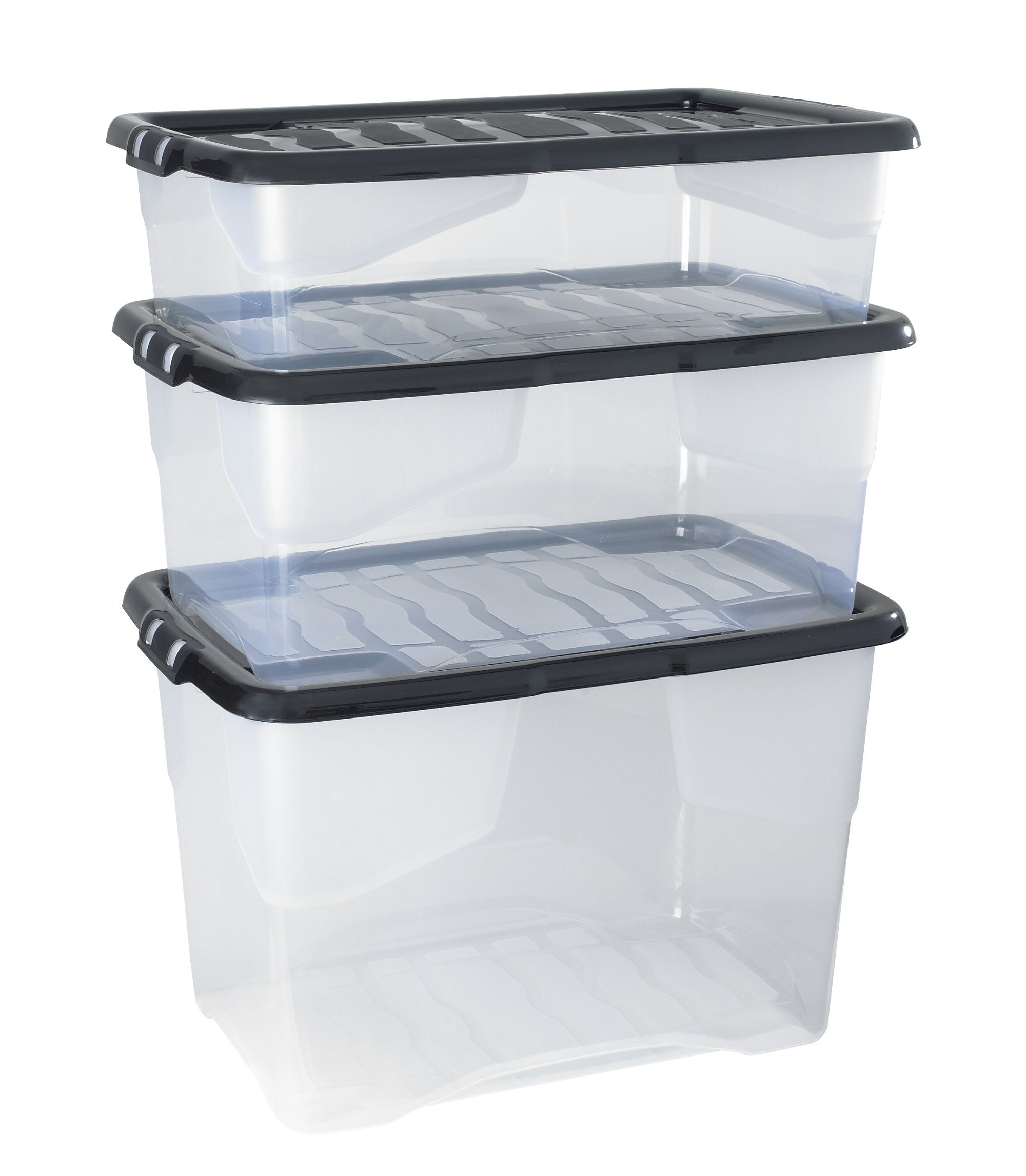 Strata Curve Clear & Black 30L Small Plastic Stackable Storage box with Lid, Pack of 3