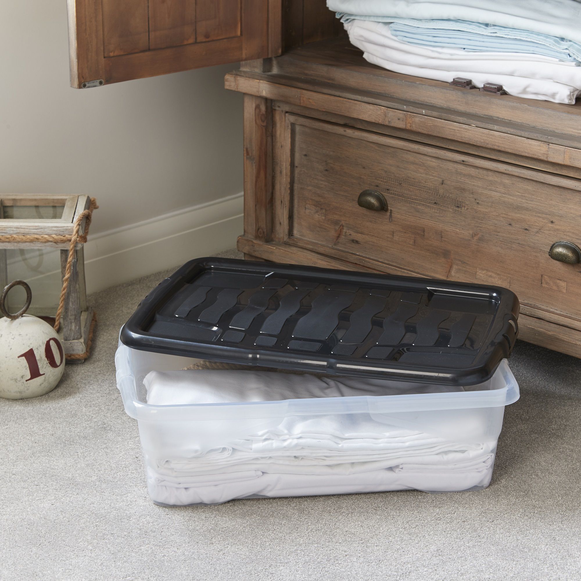 Strata Curve Clear & Black 30L Small Plastic Stackable Storage box with Lid, Pack of 3