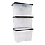 Strata Curve Clear & Black 65L Large Stackable Storage box with Lid, Pack of 3