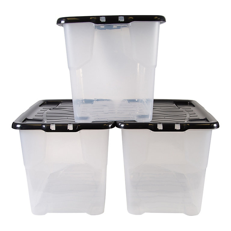 Strata Curve Clear & Black 65L Large Stackable Storage box with Lid, Pack of 3 | DIY at B&Q