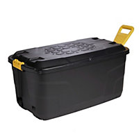 Strata Heavy duty Black 110L Plastic Stackable Wheeled Storage trunk & Lid