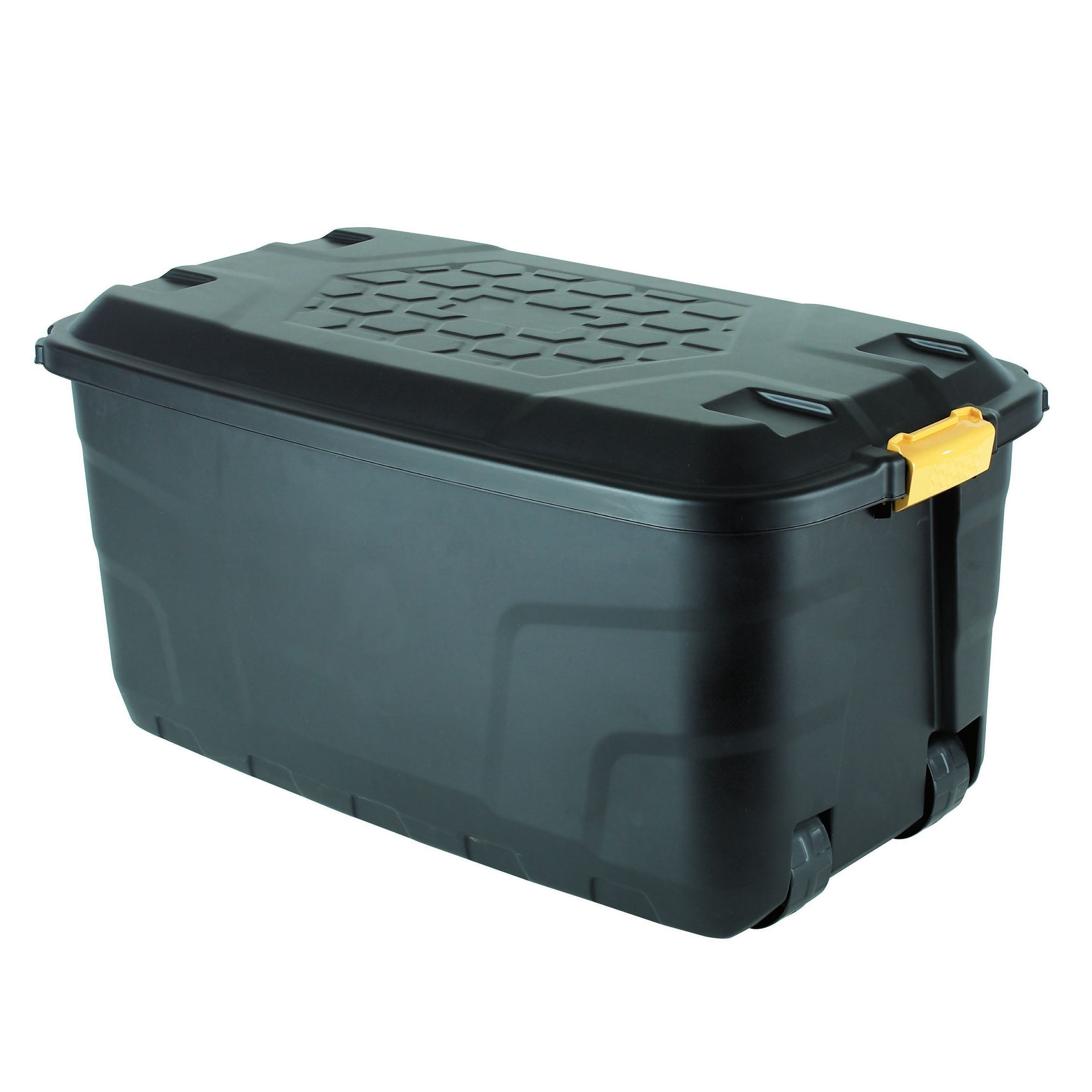Strata Heavy duty Black 145L Large Plastic Stackable Wheeled Storage trunk with Lid