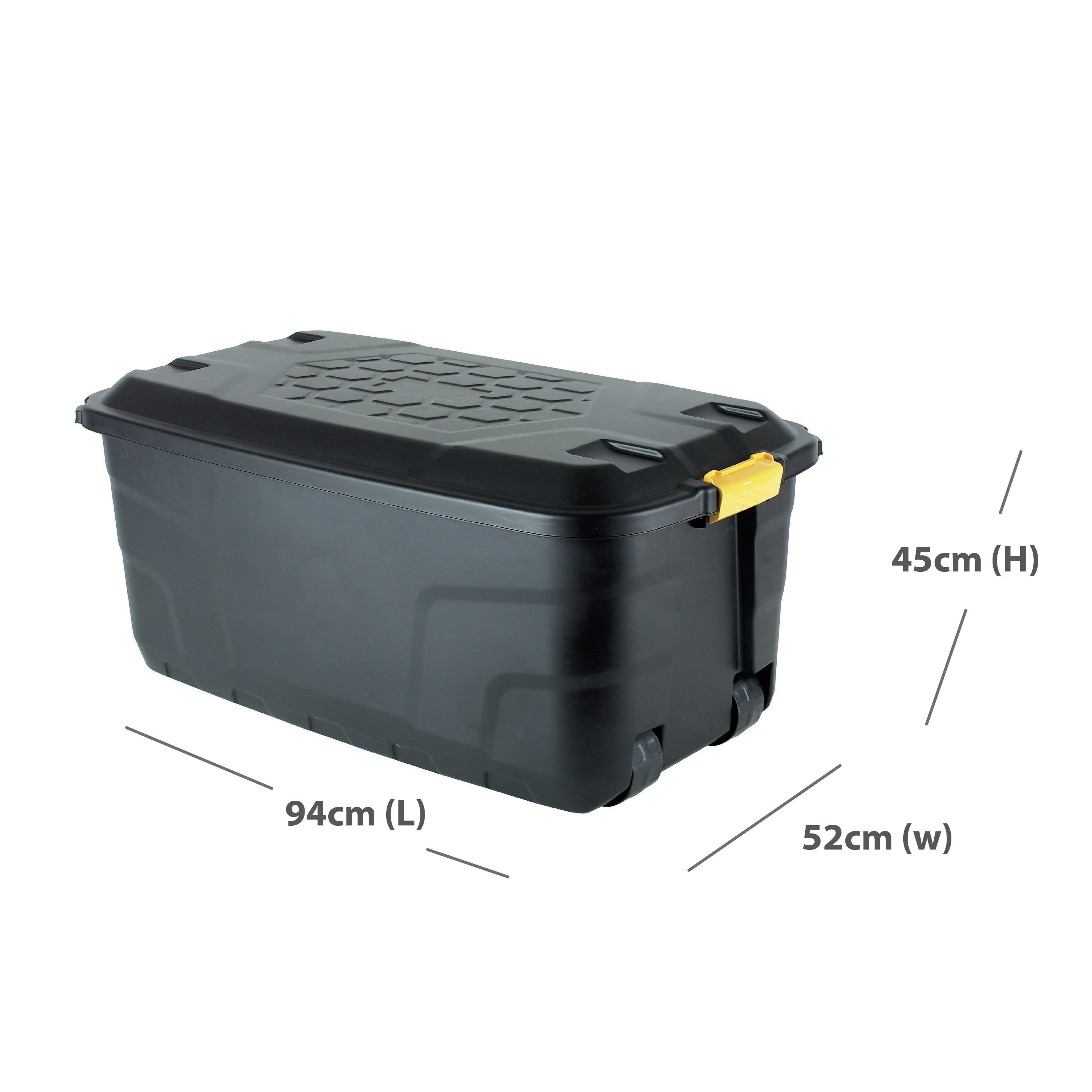 Strata Heavy duty Black 145L Large Plastic Stackable Wheeled Storage trunk with Lid