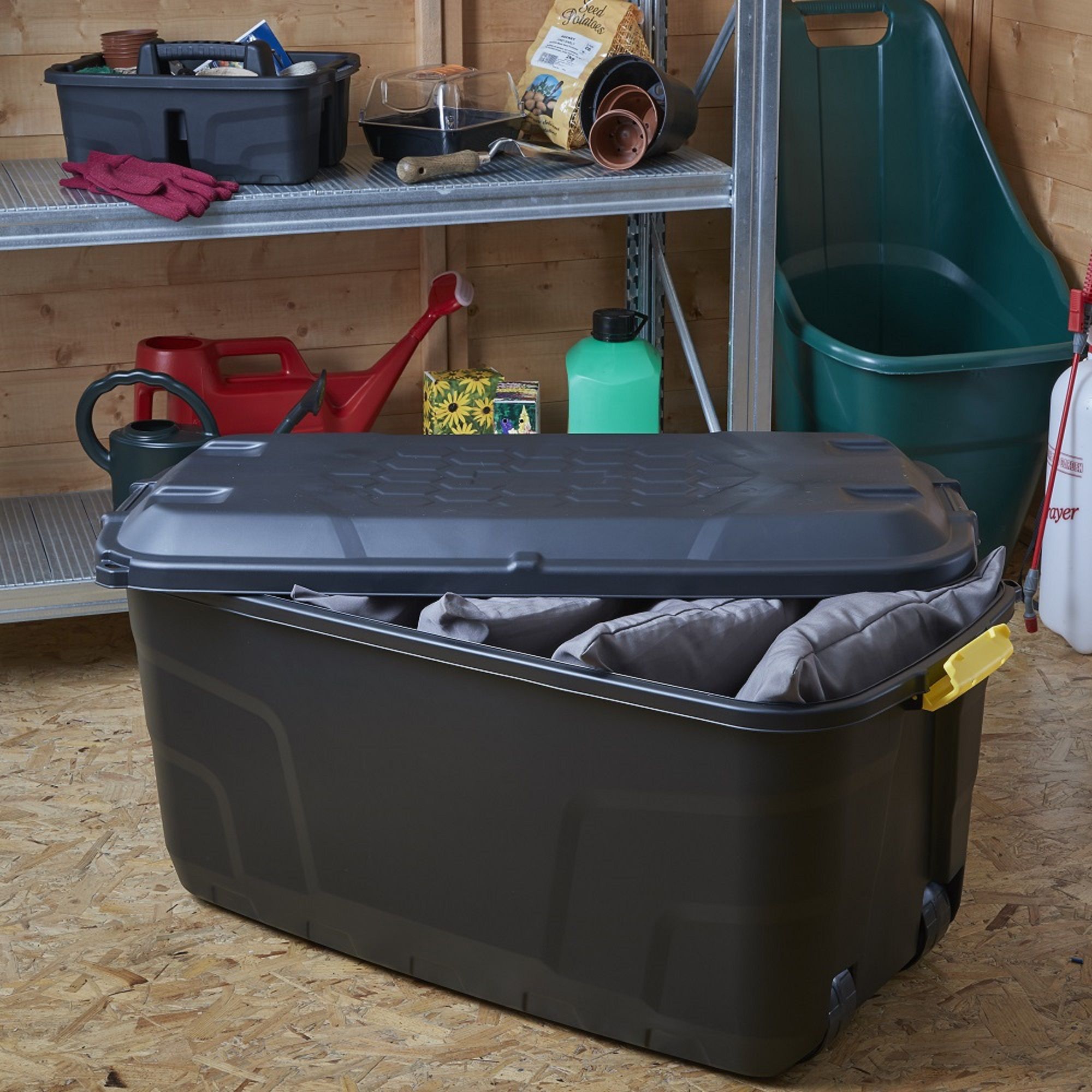 Strata Heavy duty Black 145L Large Plastic Stackable Wheeled Storage trunk with Lid
