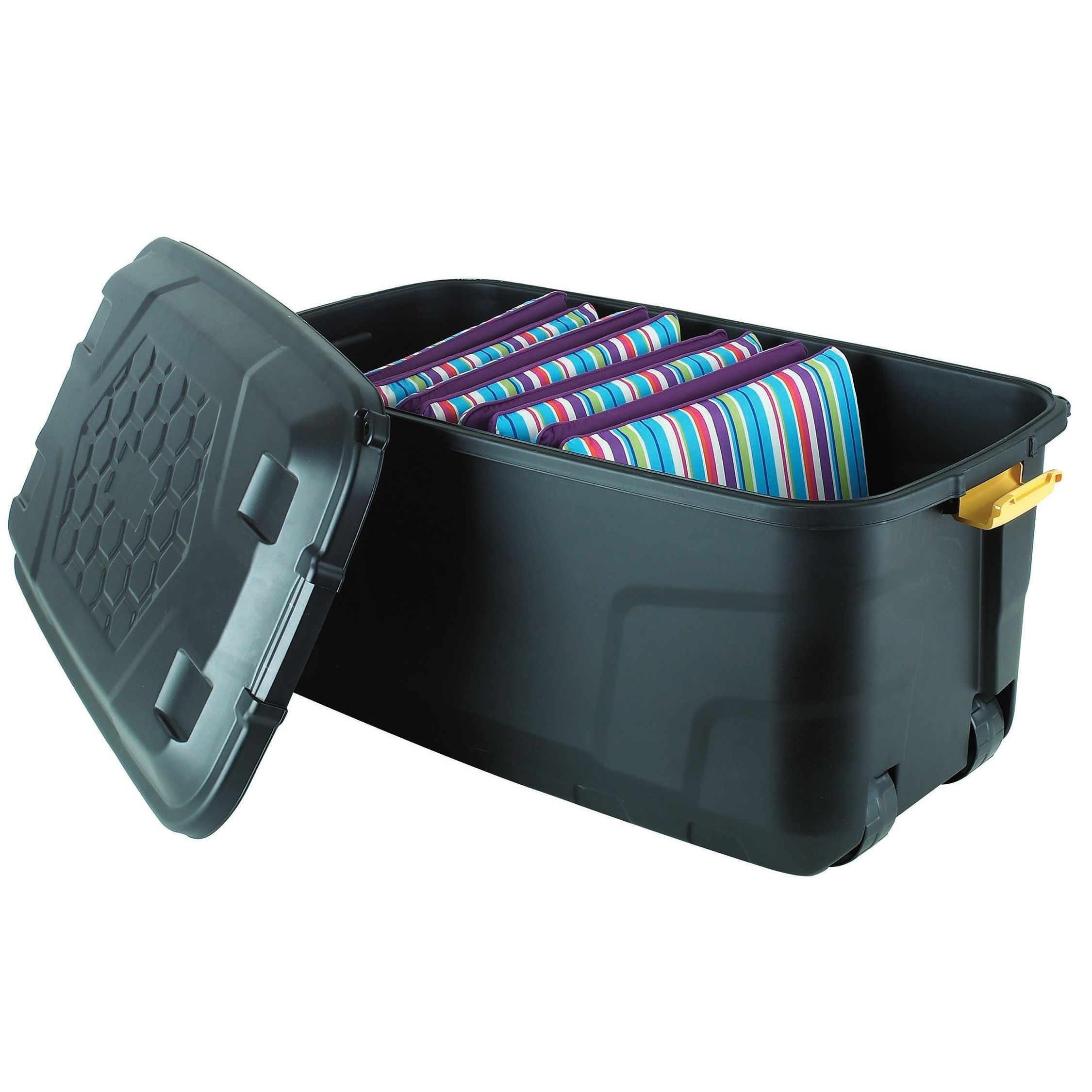 Strata Heavy duty Black 145L Large Plastic Stackable Wheeled Storage trunk with Lid