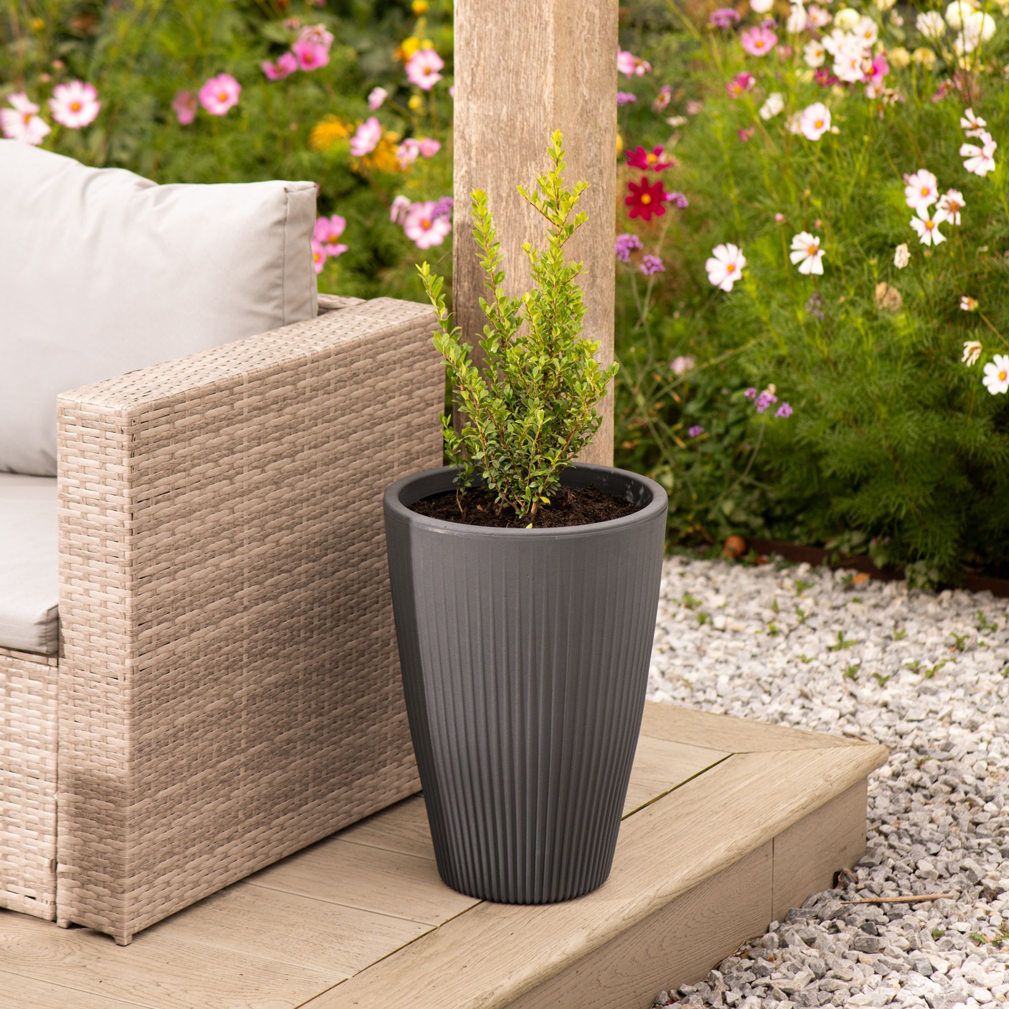 Strata Pacific Graphite Scallop Plastic resin Plant pot (Dia) 33cm, (H)48cm