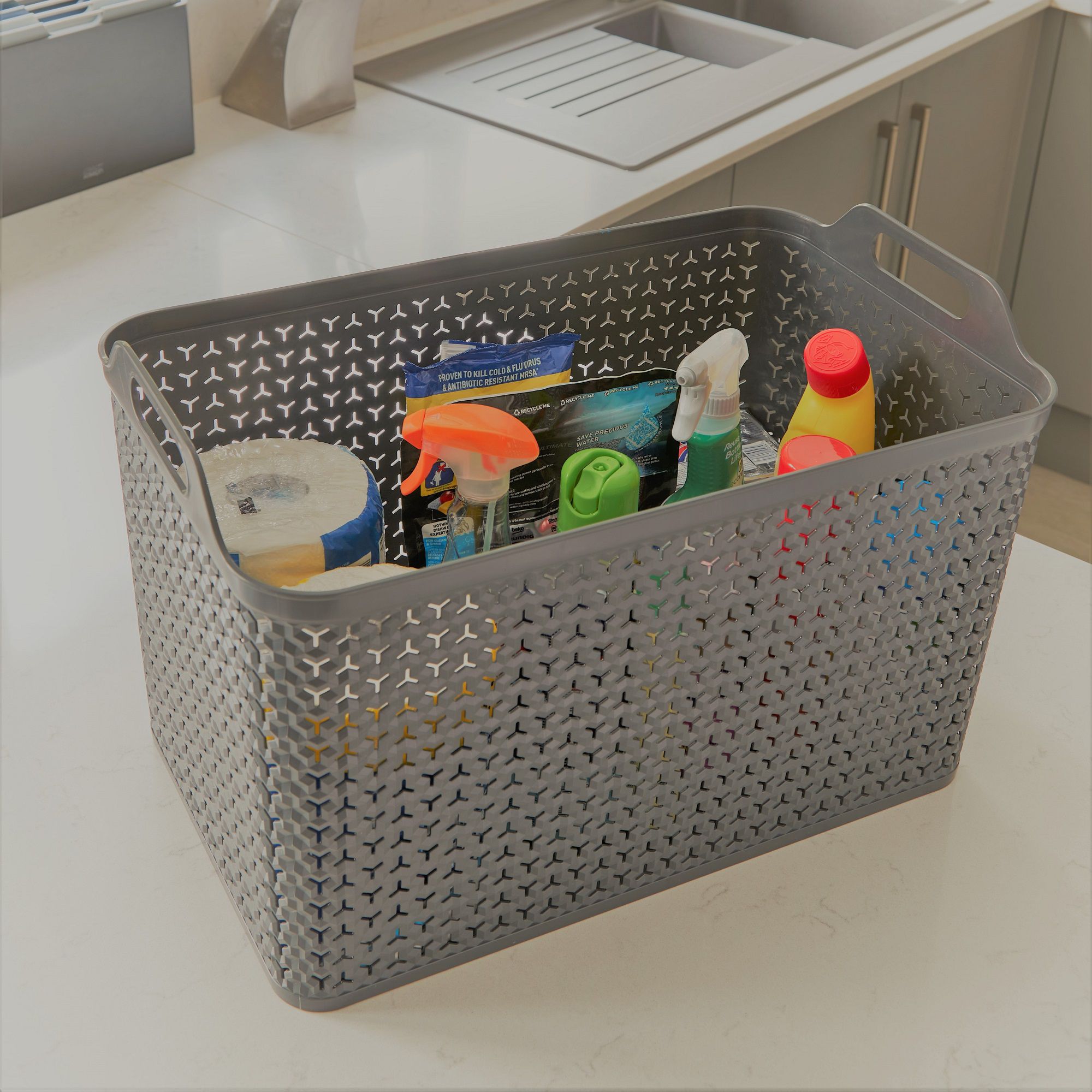Strata Urban Grey Plastic Stackable Storage basket & Lid (H)29cm (W)30cm (D)43.5cm