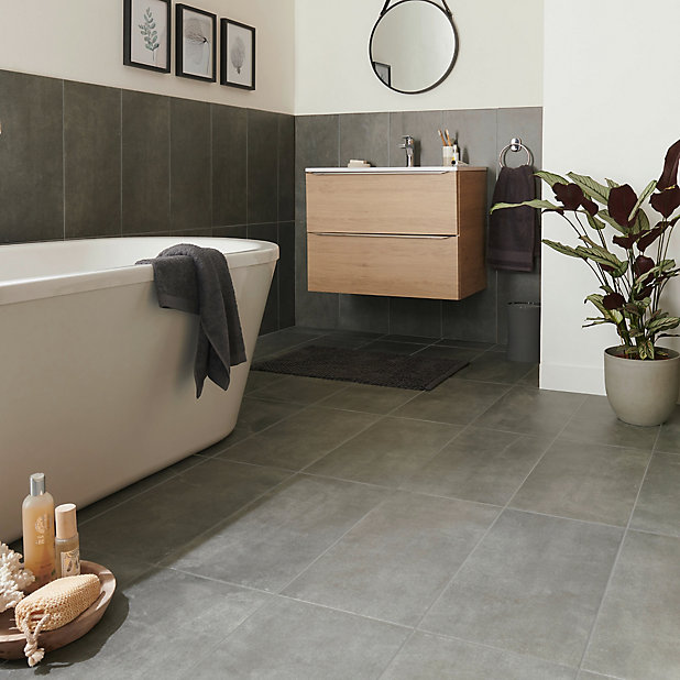 Structured Grey Matt Concrete Effect, Grey Bathroom Tiles B Q
