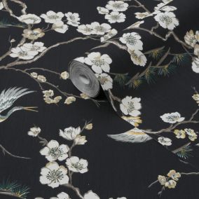 Sublime Japan Black & green Metallic effect Floral Smooth Wallpaper