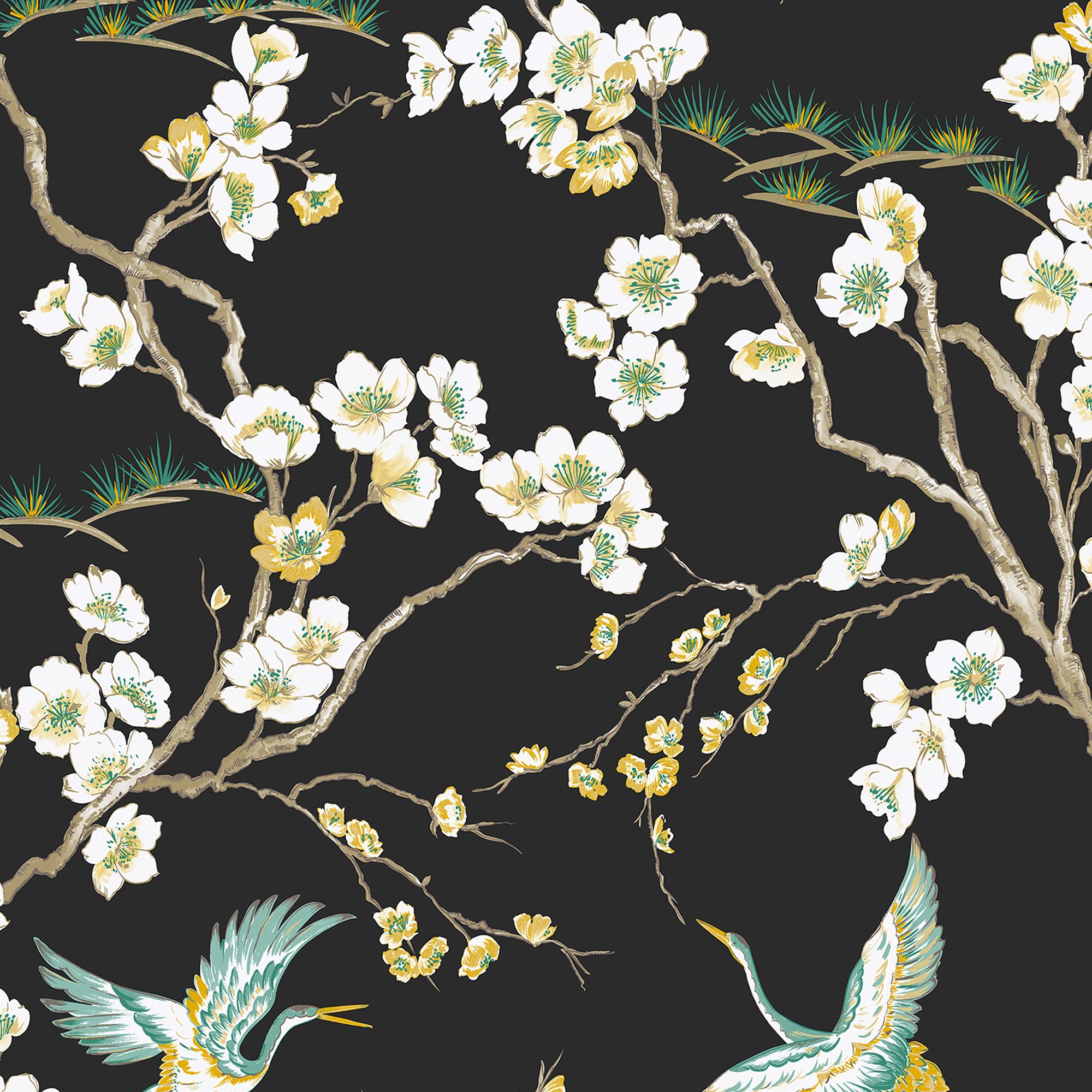 Sublime Japan Black & green Metallic effect Floral Smooth Wallpaper