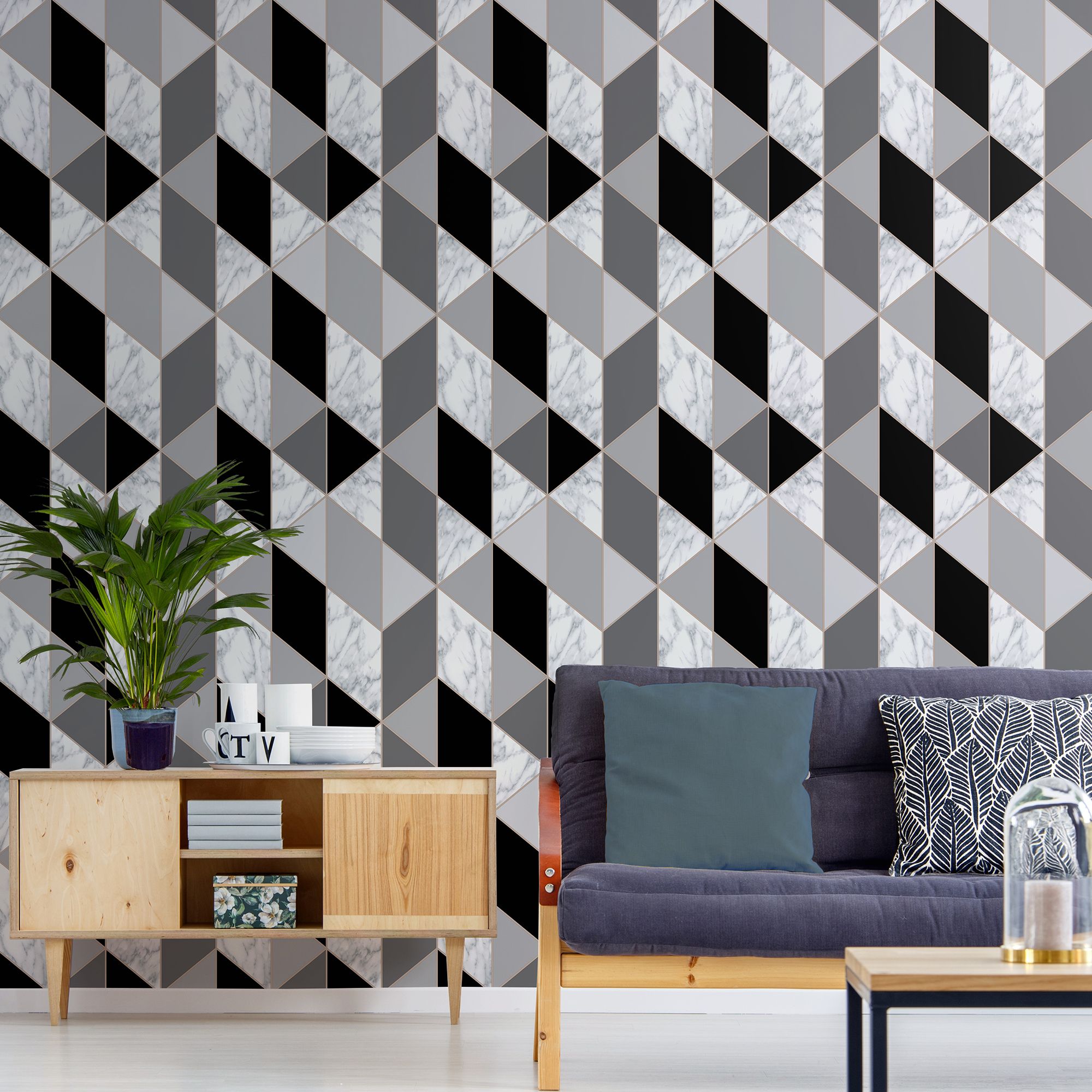 Sublime Marble Charcoal Metallic effect Geometric Smooth Wallpaper