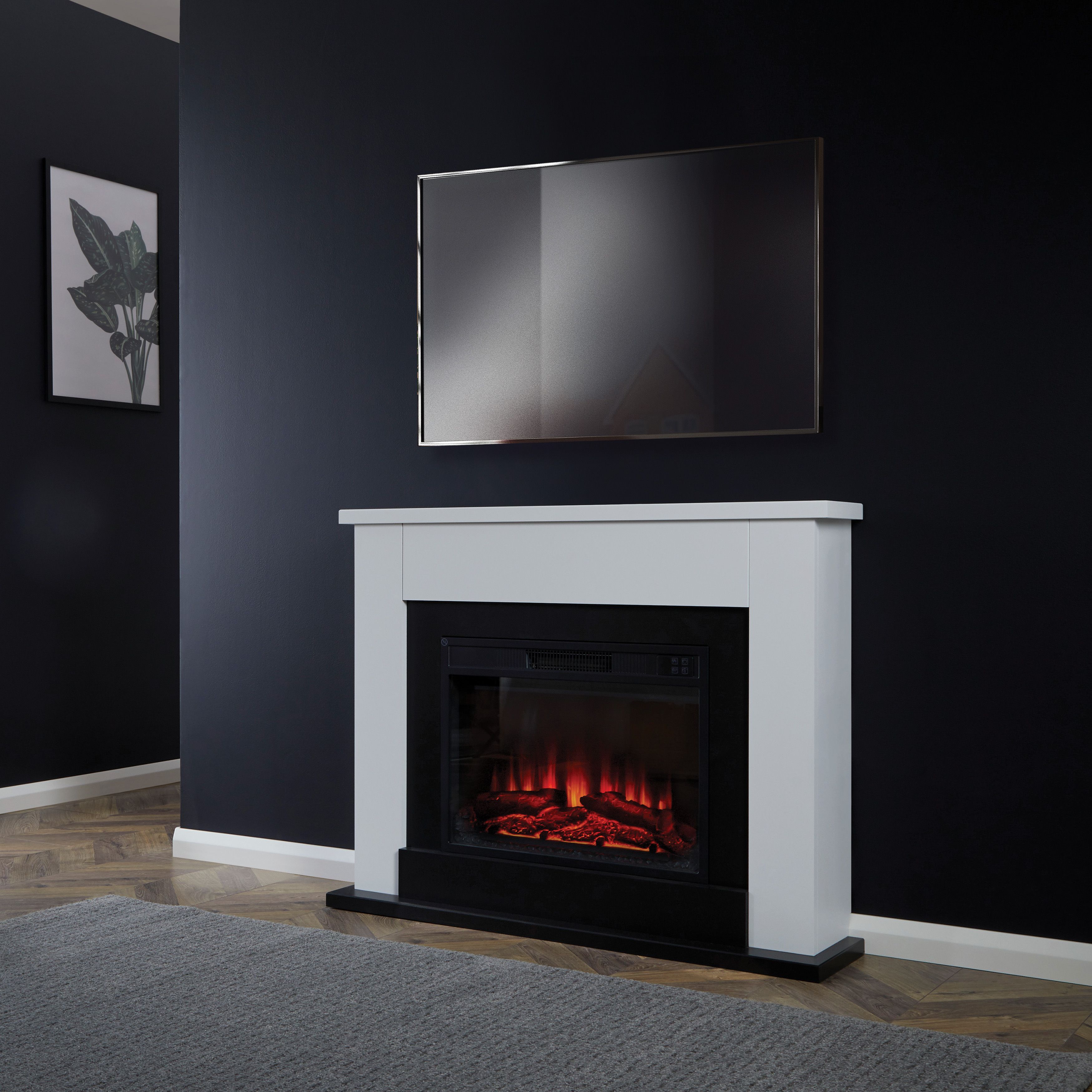Suncrest Ryedale Black & white Textured stone effect MDF & stainless steel Freestanding Electric fire suite