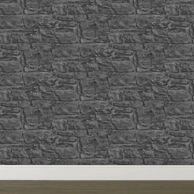 Superfresco Colours Charcoal Stone wall Embossed Wallpaper