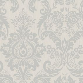 Superfresco Colours Hermes Grey Damask Silver effect Textured Wallpaper Sample