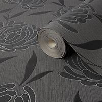 Superfresco Colours Nadine Black Floral Textured Wallpaper Sample