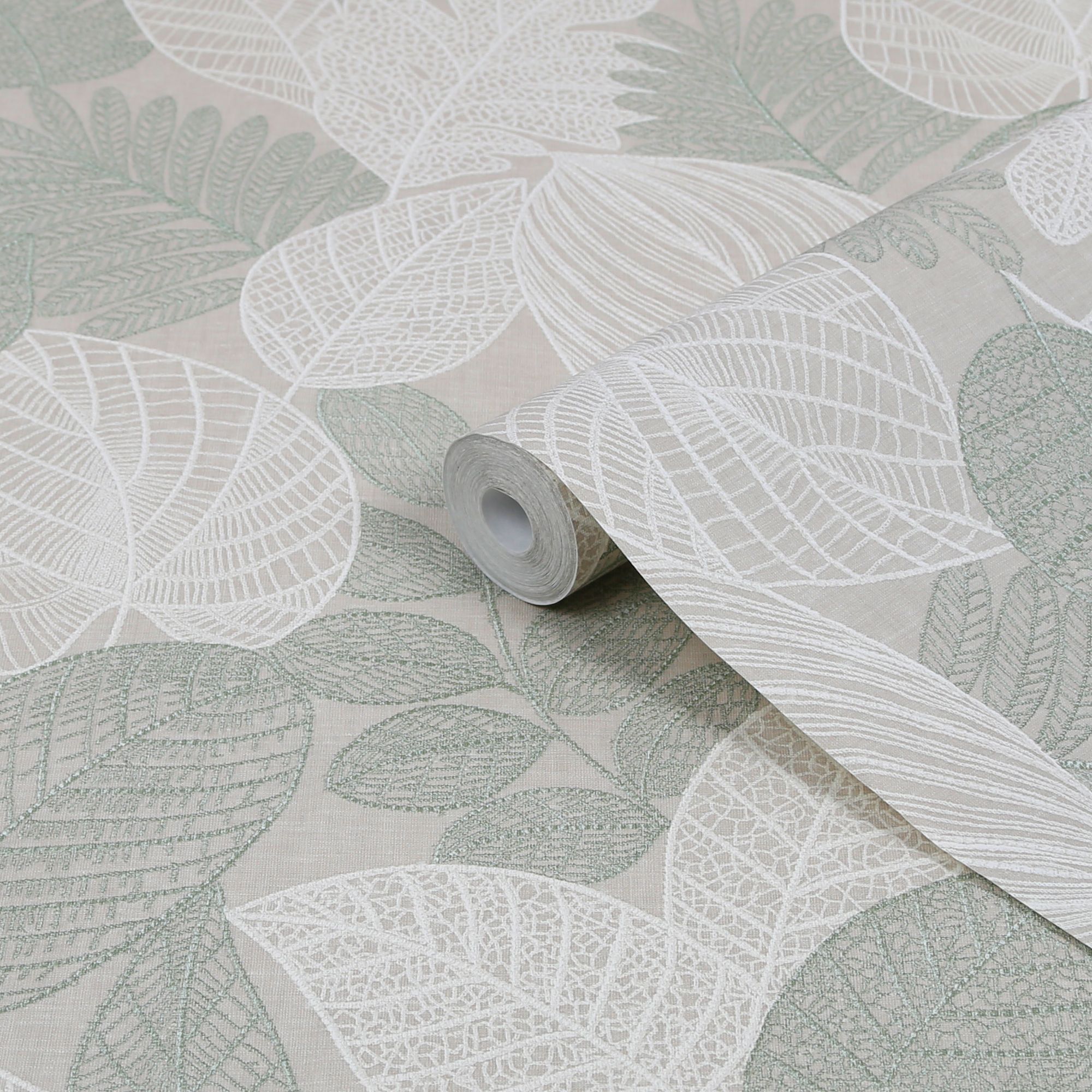 Superfresco Easy Green Metallic effect Crafted Leaves Smooth Wallpaper ...