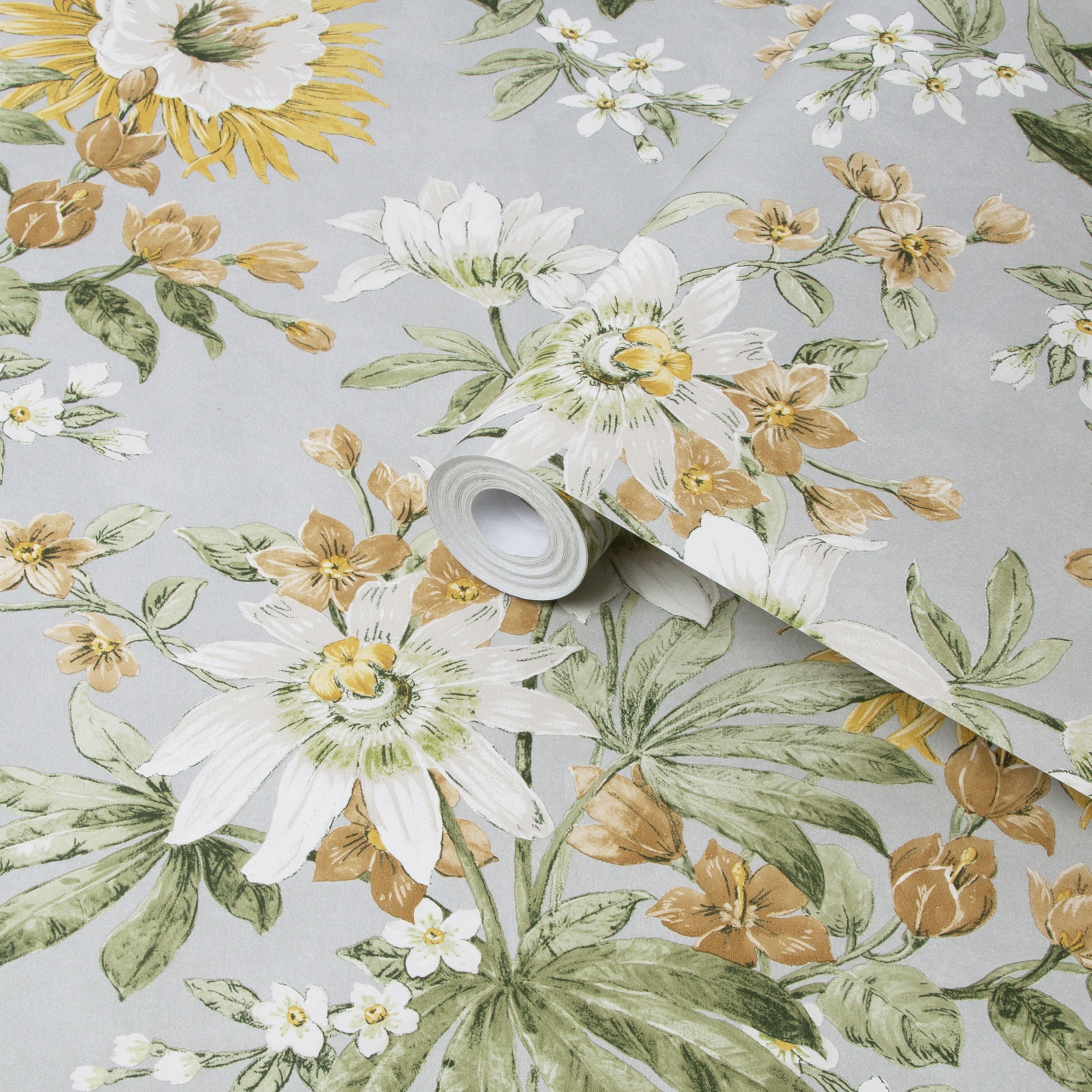Superfresco Easy Grey & ochre Floral Smooth Wallpaper Sample DIY at B&Q