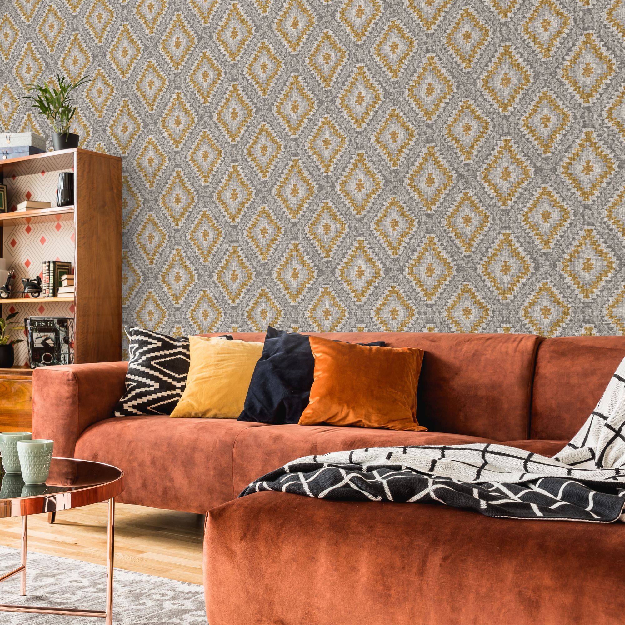 Superfresco Easy Grey & yellow Woven effect Geometric Textured Wallpaper