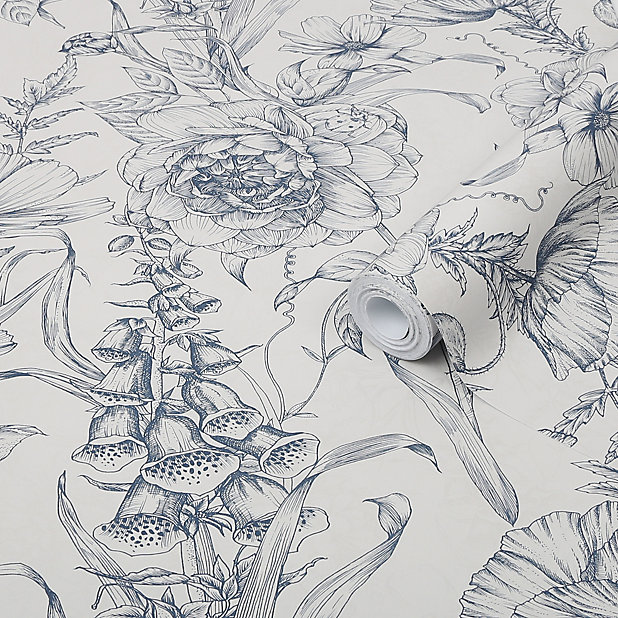 Superfresco Easy Illustrative Navy Floral Mica effect Smooth Wallpaper |  DIY at B&Q