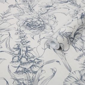 Superfresco Easy Illustrative Navy Floral Mica effect Smooth Wallpaper