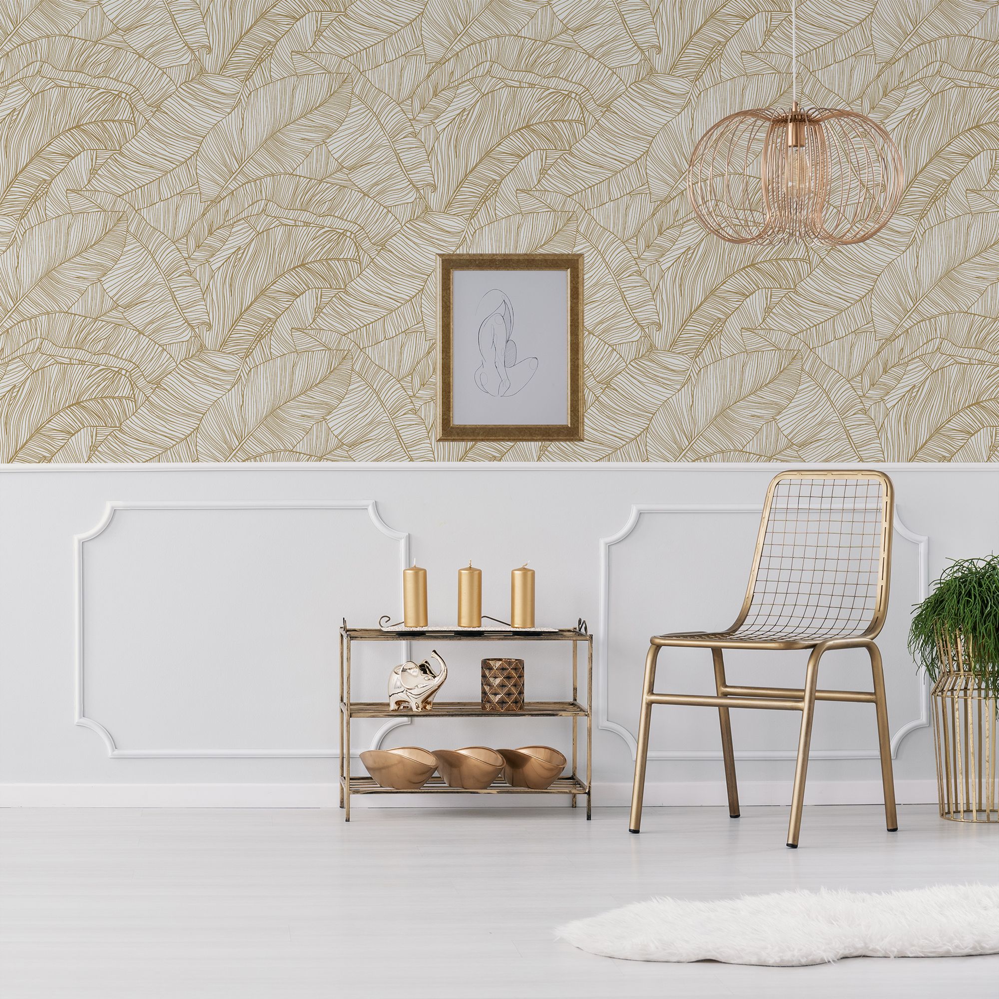 Superfresco Easy Kaya White Gold effect Leaves Smooth Wallpaper