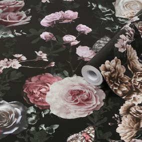 Superfresco Easy Midsummer Black & pink Metallic effect Floral Smooth Wallpaper Sample