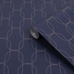 Superfresco Easy Navy Metallic effect Geometric Textured Wallpaper