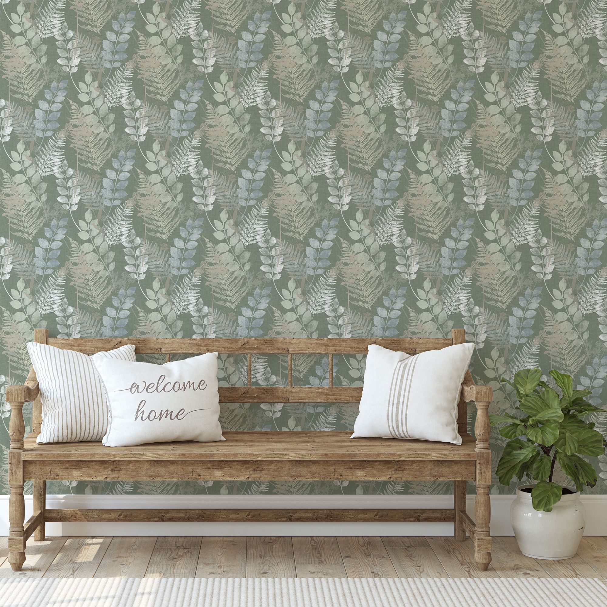 Superfresco Easy Oshibana Sage Metallic effect Leaf Smooth Wallpaper