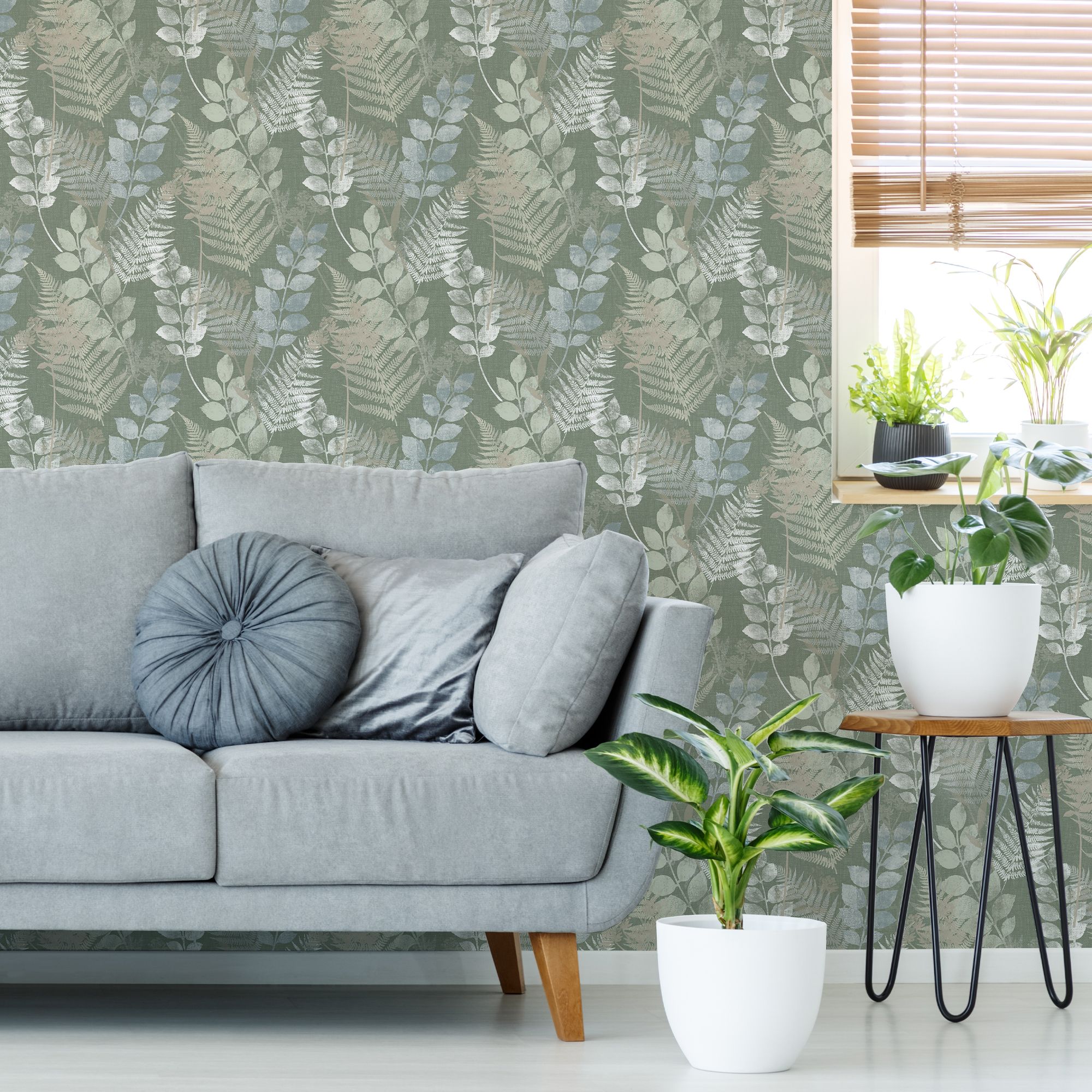 Superfresco Easy Oshibana Sage Metallic effect Leaf Smooth Wallpaper