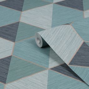 Superfresco Easy Wanderlust Blue Metallic effect Geometric Wood Smooth Wallpaper