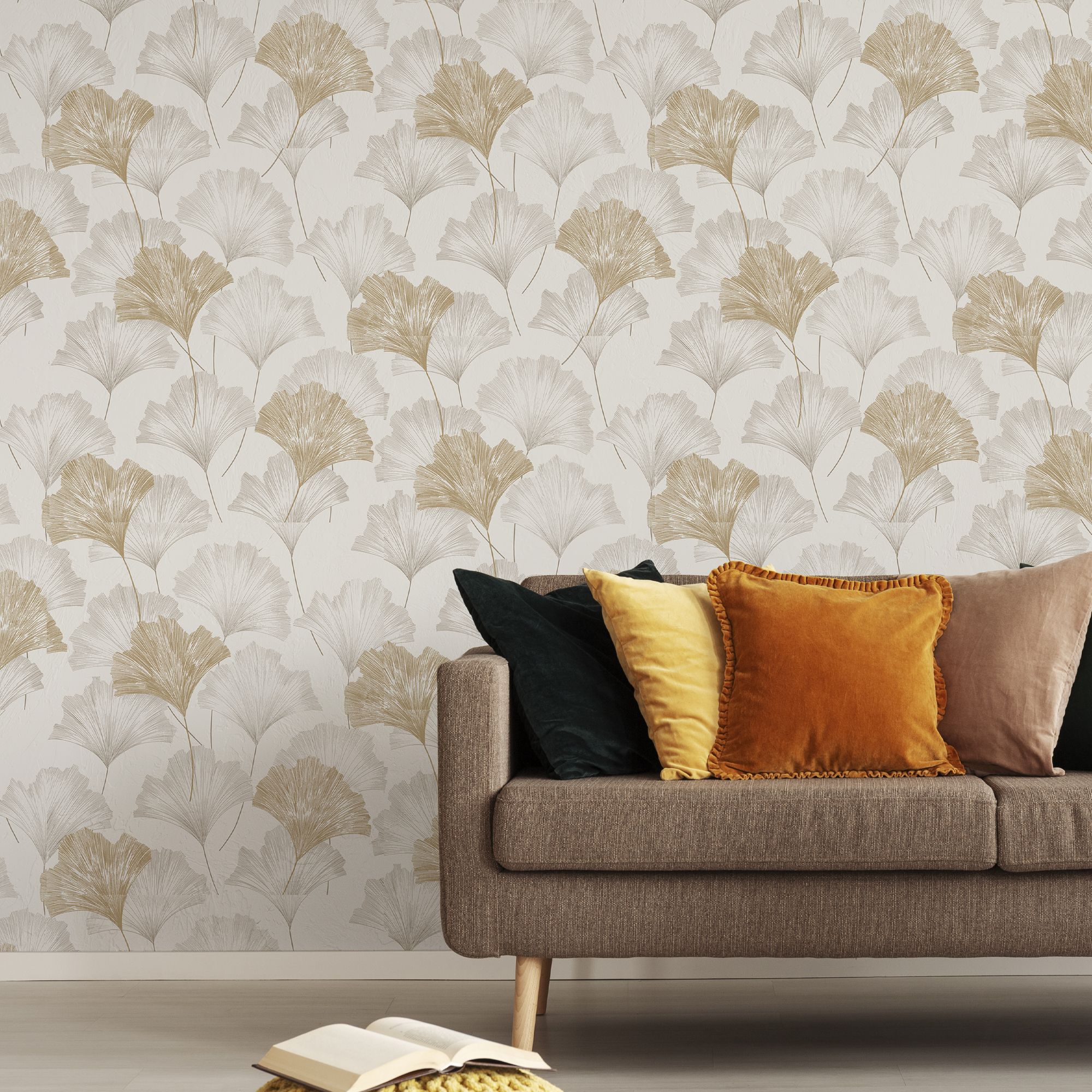 Superfresco Easy Wanderlust Gingko Champagne Metallic effect Leaves Smooth Wallpaper
