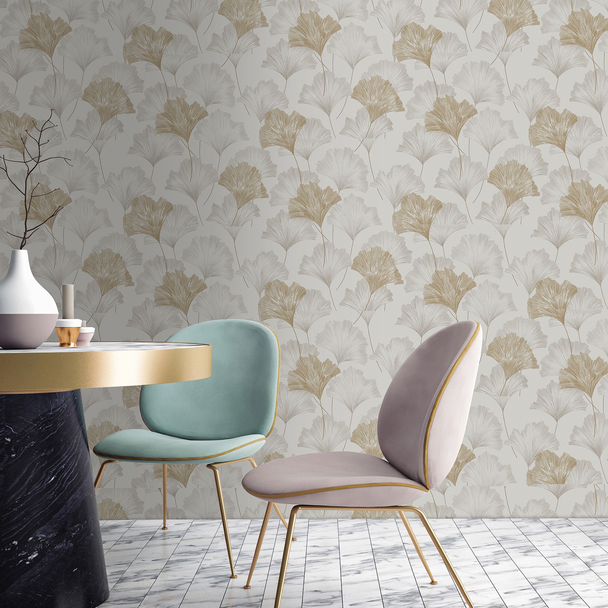 Superfresco Easy Wanderlust Gingko Champagne Metallic effect Leaves Smooth Wallpaper
