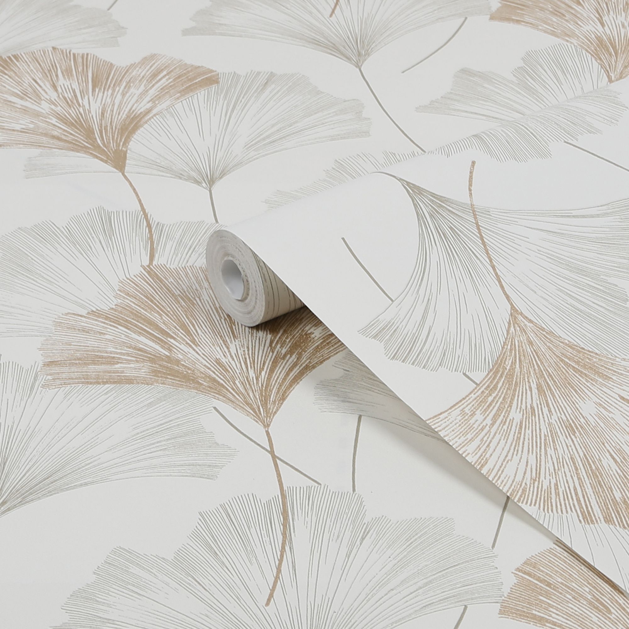 Superfresco Easy Wanderlust Gingko Champagne Metallic effect Leaves Smooth Wallpaper