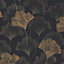 Superfresco Easy Wanderlust Gingko Charcoal & Gold Leaves Metallic effect Smooth Wallpaper