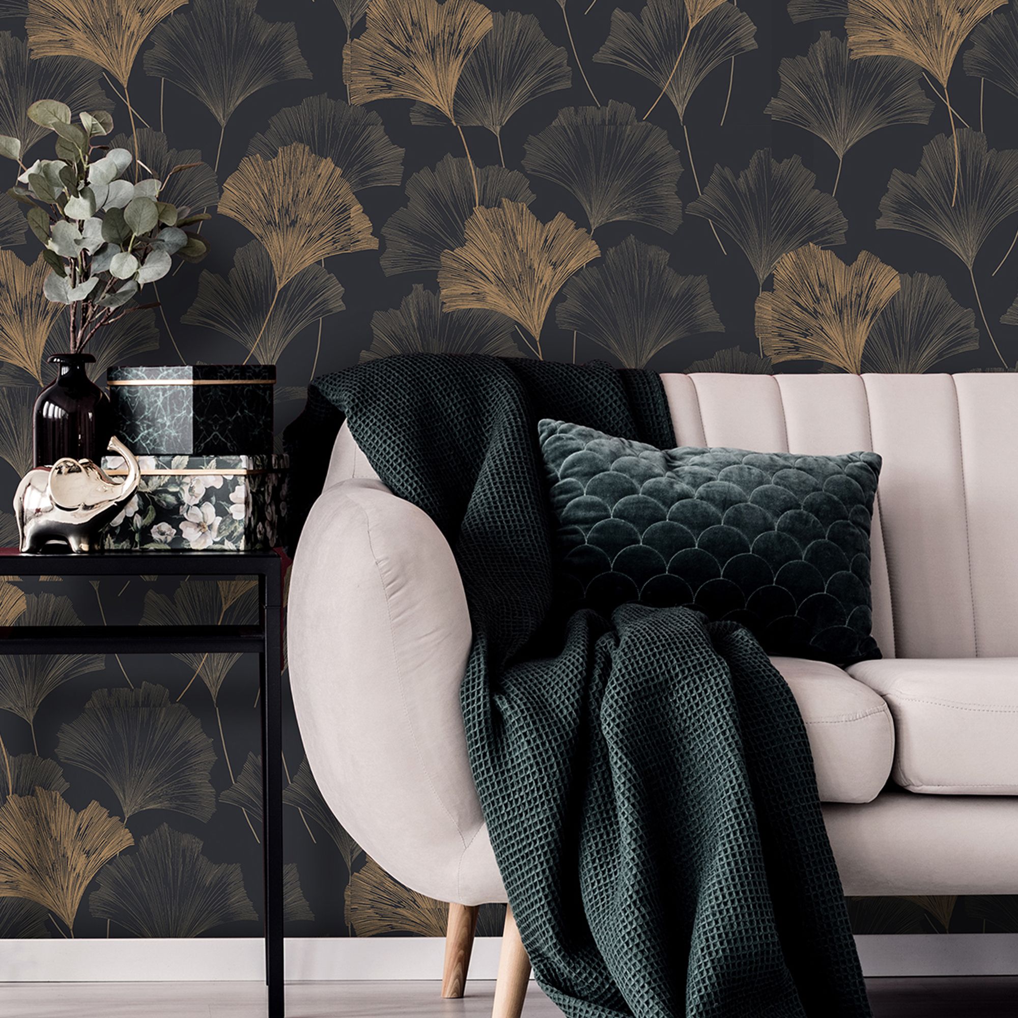 Superfresco Easy Wanderlust Gingko Charcoal & Gold Leaves Metallic effect Smooth Wallpaper