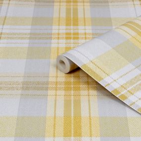 Superfresco Easy Yellow Tartan Fabric effect Smooth Wallpaper