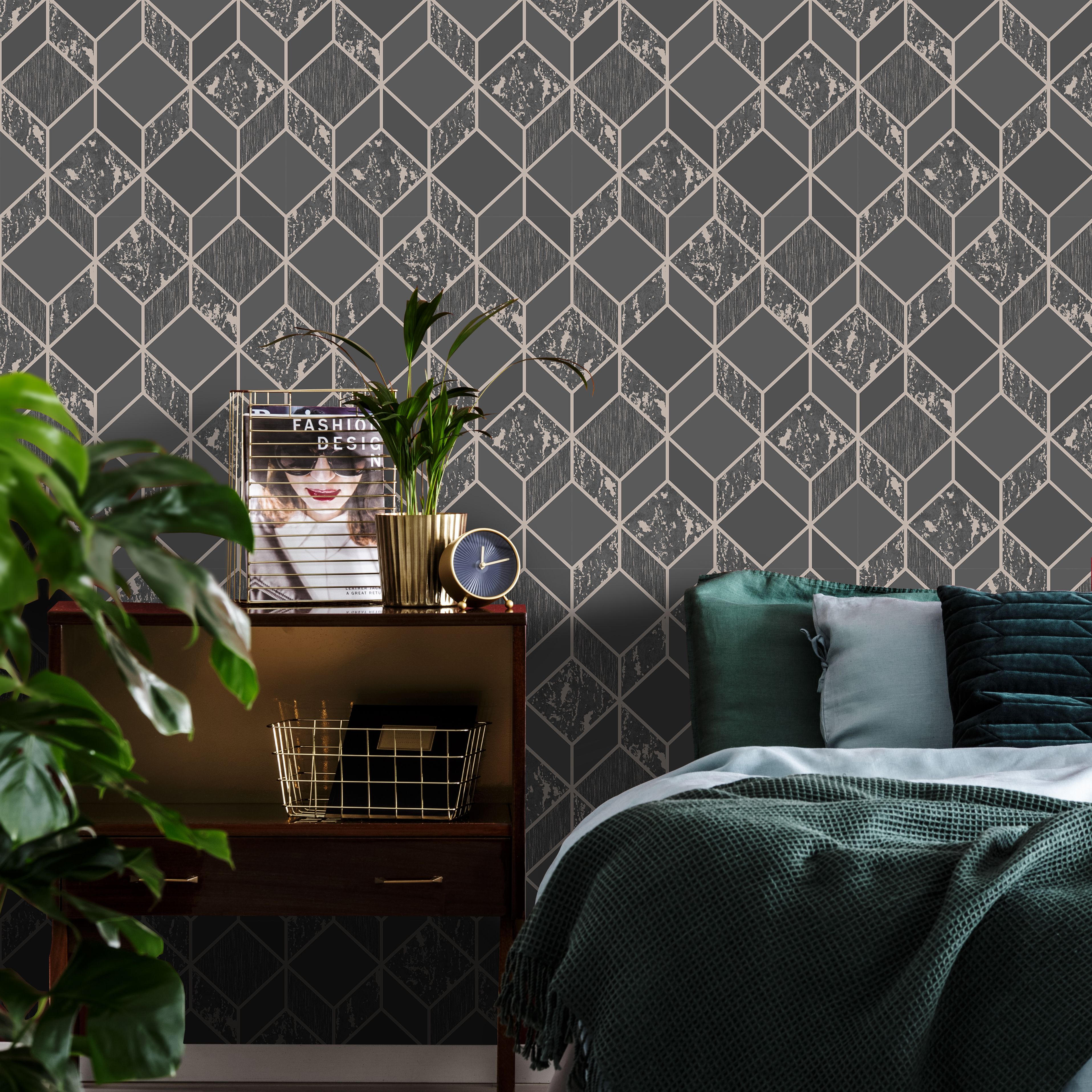 Superfresco Vittorio Charcoal Geometric Metallic effect Smooth Wallpaper