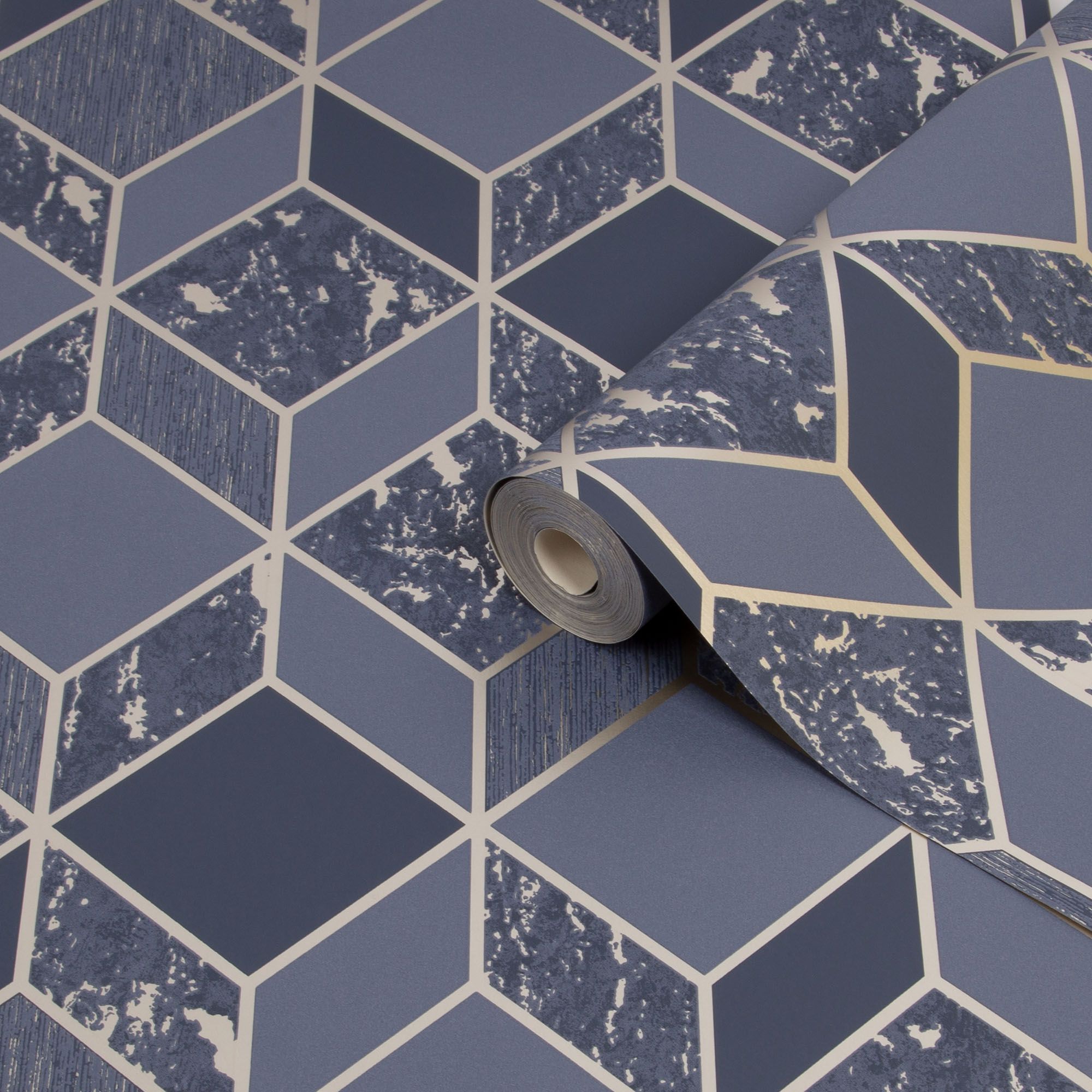 Superfresco Vittorio Navy Geometric Metallic effect Smooth Wallpaper