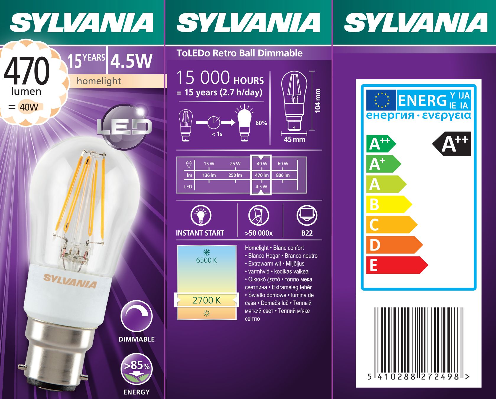 Sylvania B22 4W 450lm Globe LED Dimmable Filament Light bulb
